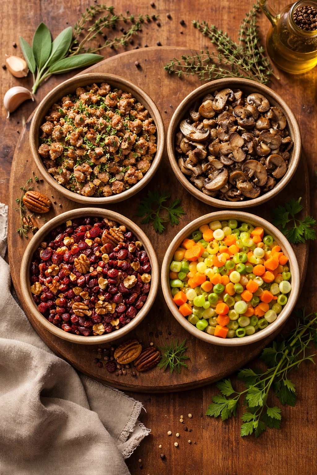 Four bowls with variation ingredients for bread dressing: sausage, mushrooms, cranberries, pecans, carrots