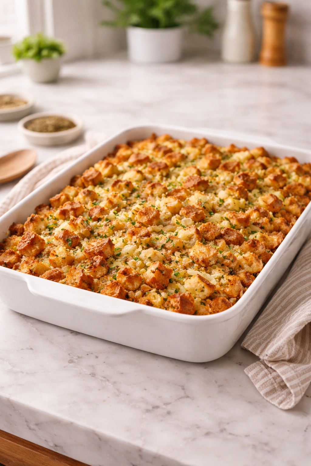Bread dressing in a 9x13 dish on a kitchen counter