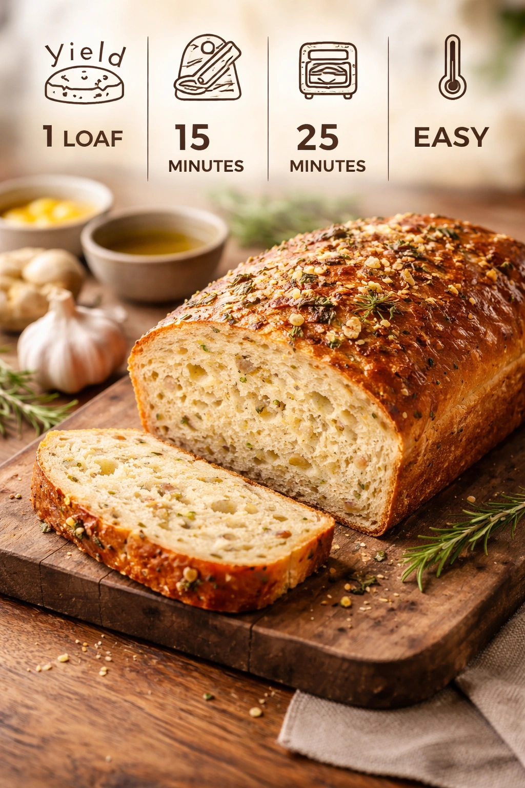 Loaf with slice revealing airy crumb on wooden board