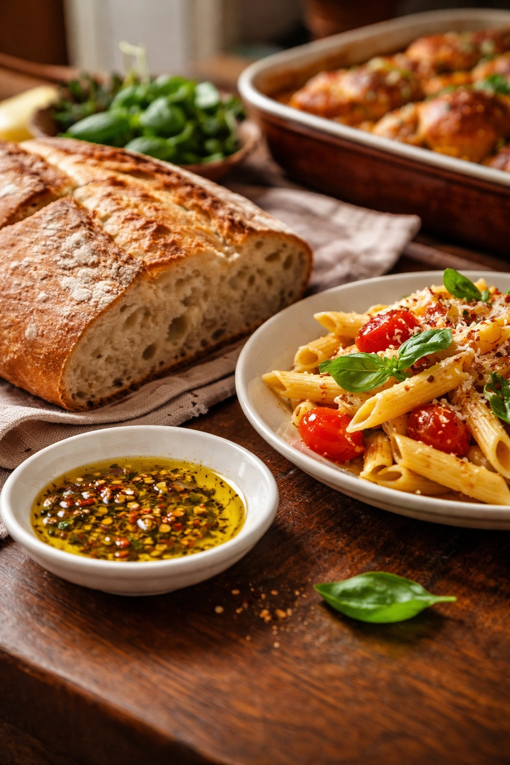 Rustic Italian bread, olive oil, and penne pasta ready to pair with chicken casserole