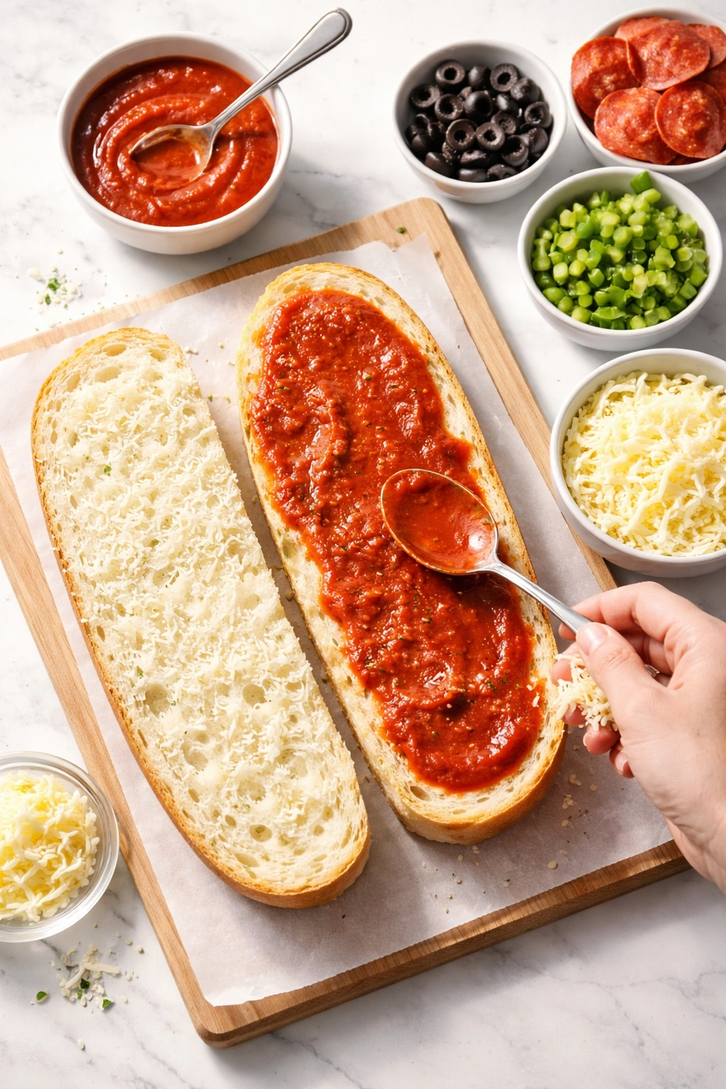 Bread half with sauce being spread and cheese ready to sprinkle on a counter