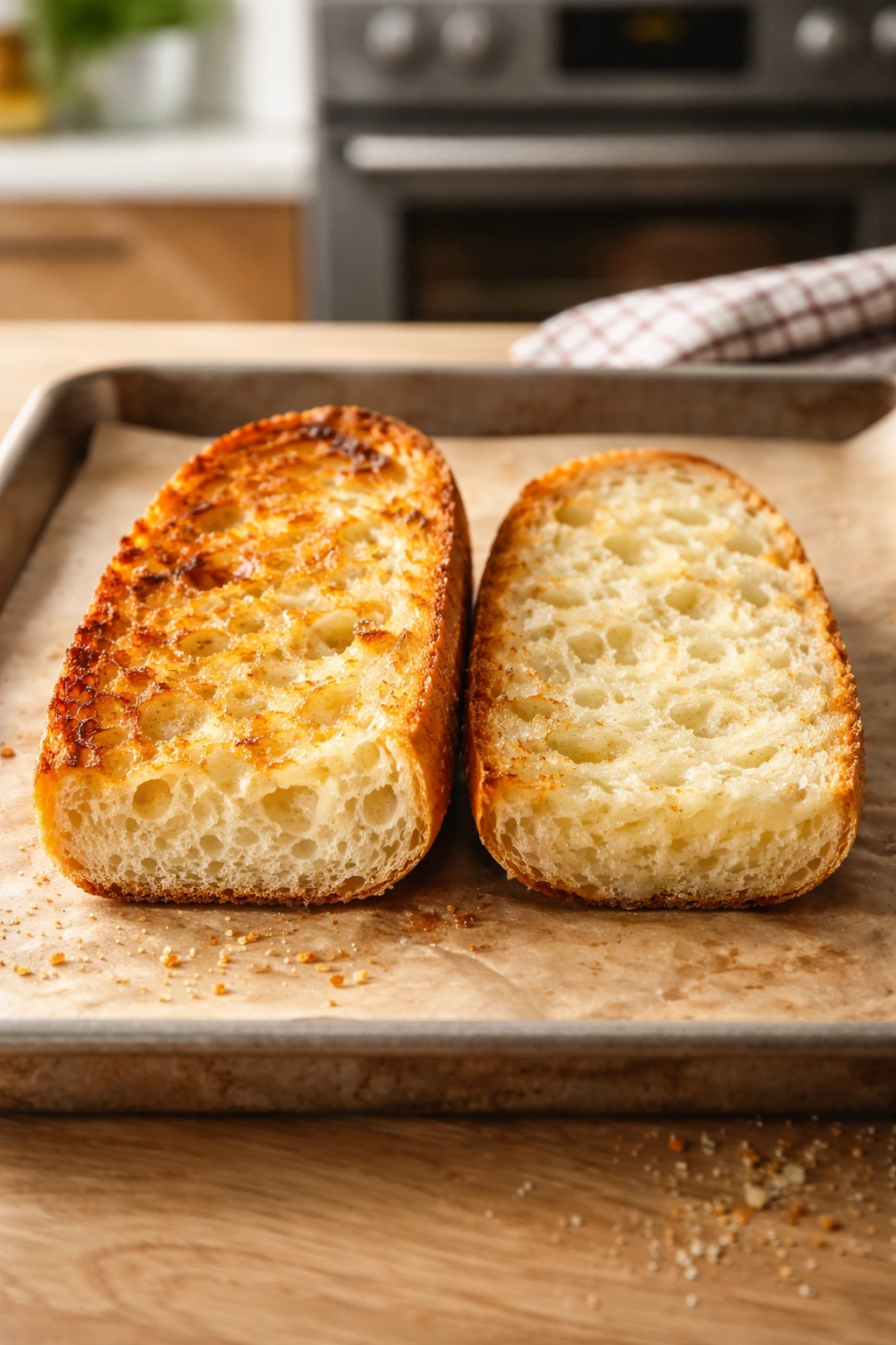 Close-up of French bread pizza demonstrating crust texture and moisture management