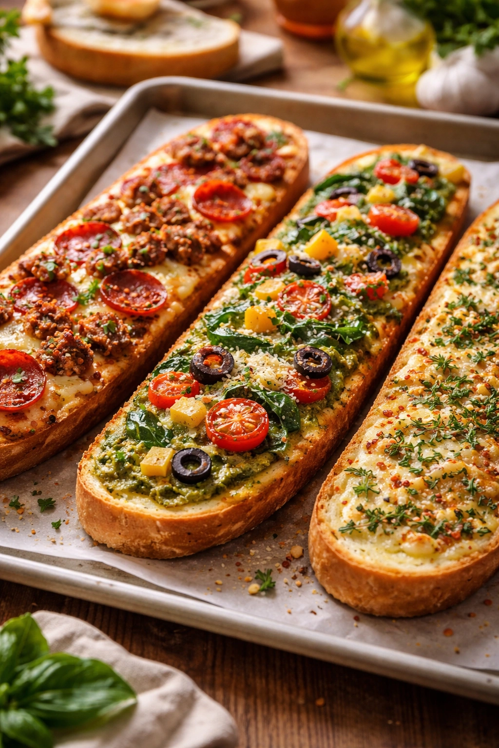 Three variations of French bread pizza with meat, green veggie, and garlic herb toppings