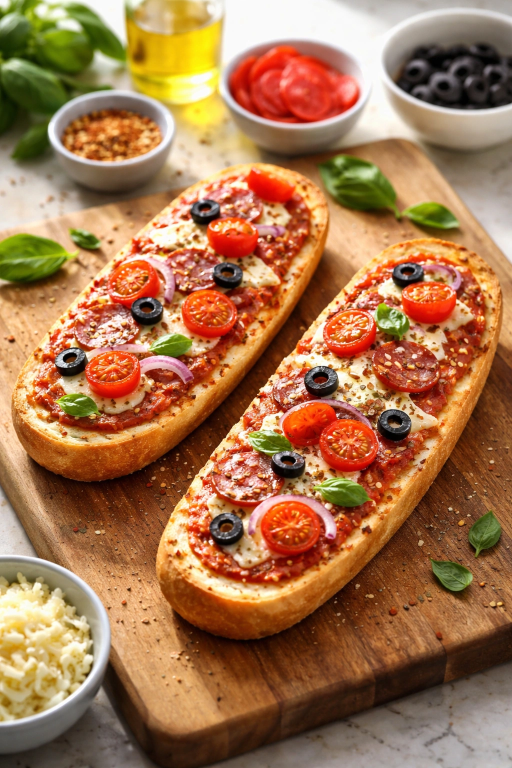 French bread half with thin sauce base and sparse toppings on a cutting board