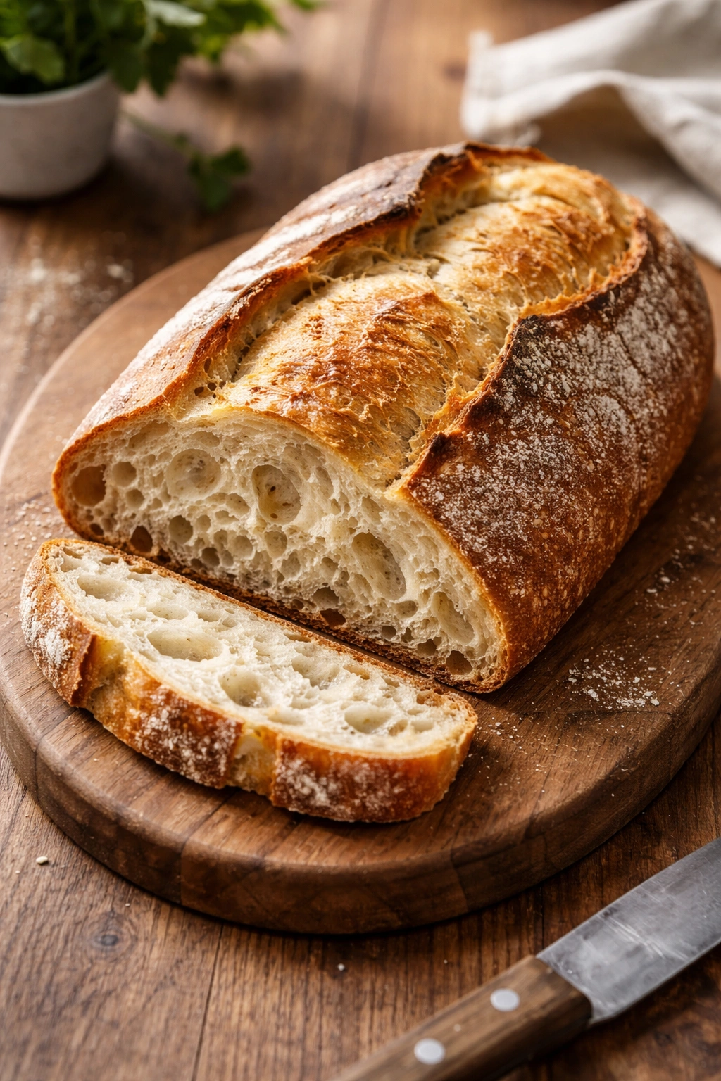 Rustic Italian loaf with open crumb and crisp crust on wooden board