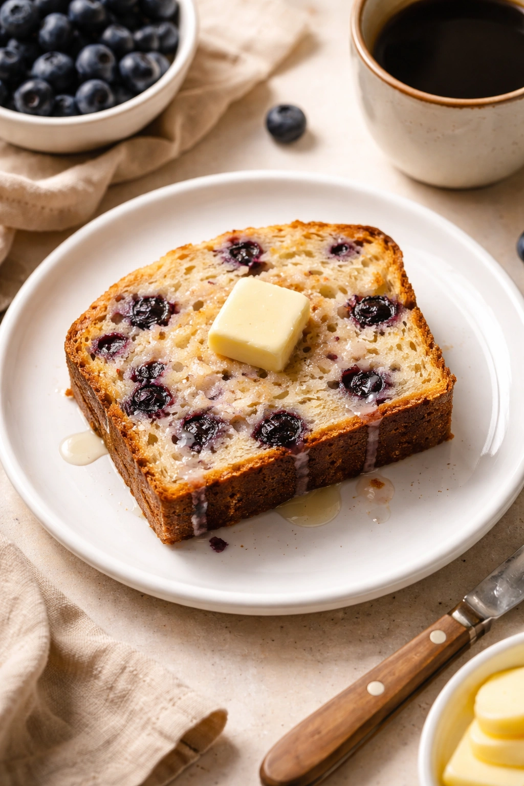 Slice of blueberry bread with butter on plate ready to serve