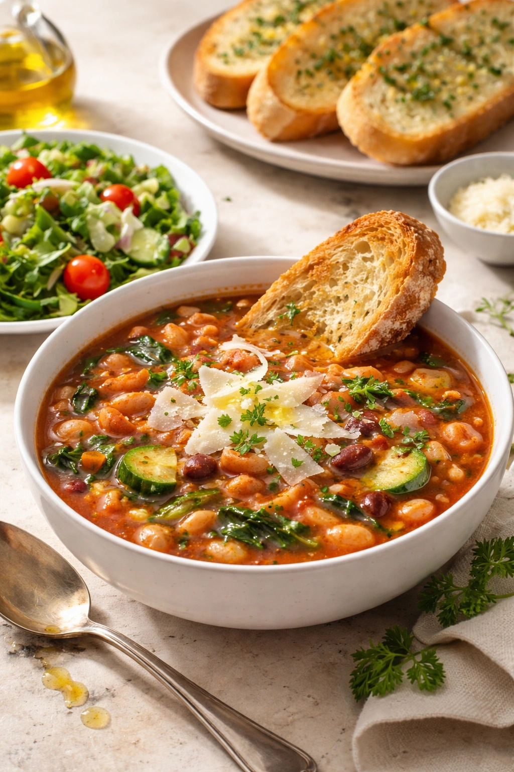 Minestrone with crusty bread on the side suggesting serving pairings