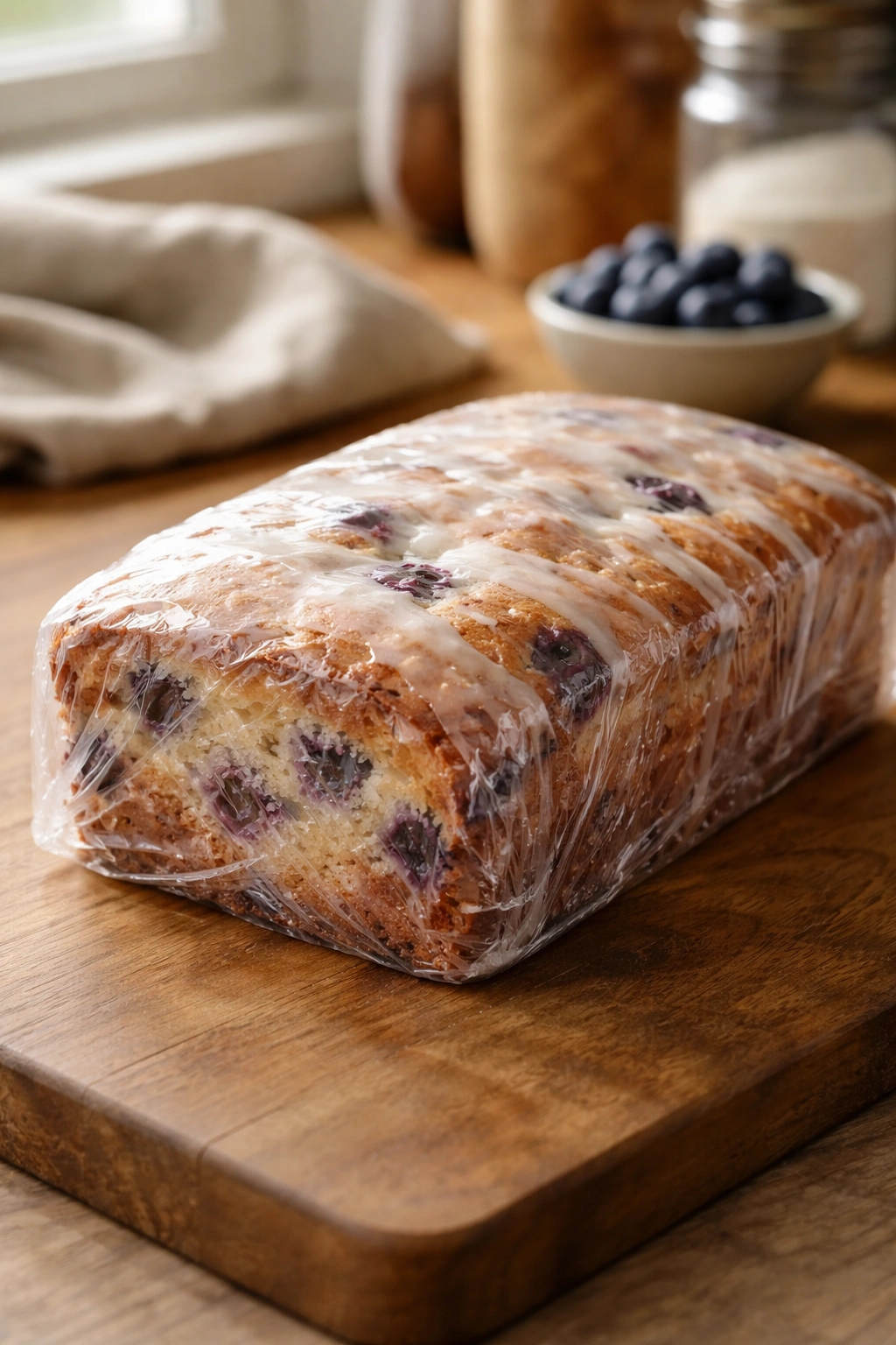 Wrapped blueberry bread loaf for storage on wooden counter