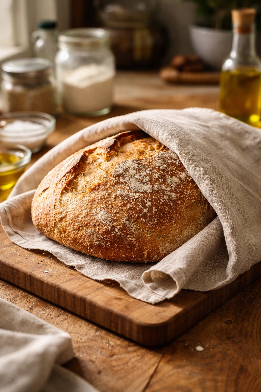 Loaf wrapped in linen cloth for storage on a wooden board