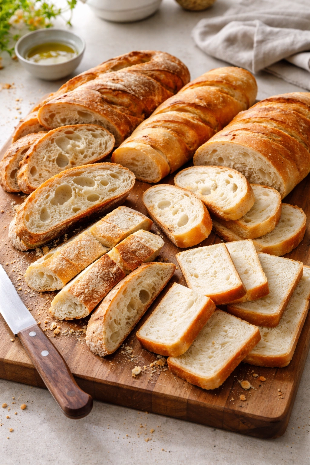 Assorted crusty breads arranged on a board showing crust and crumb textures