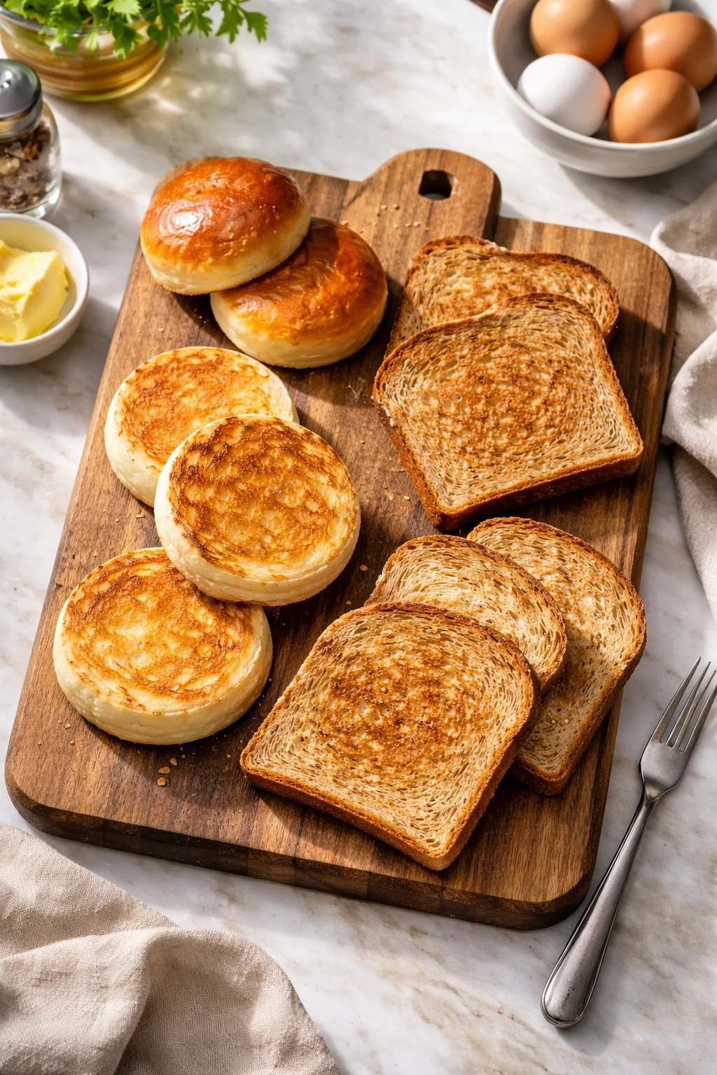 Toasted bread slices on a wooden board ready for a sandwich.