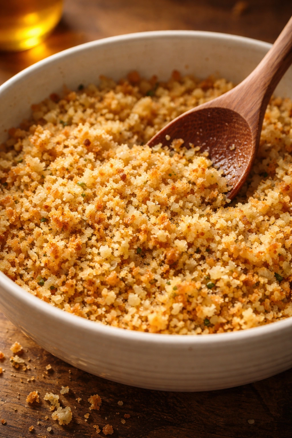 Buttered breadcrumbs ready to top a casserole