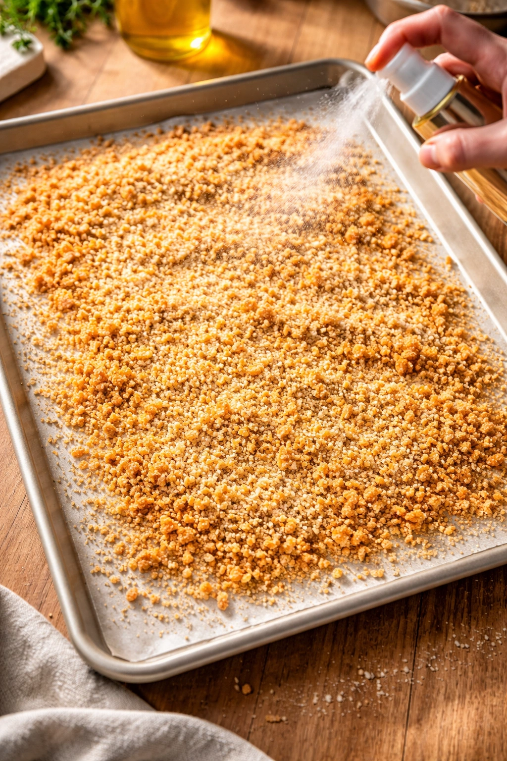 Toasted breadcrumbs on a baking sheet with golden edges and oil spray mist