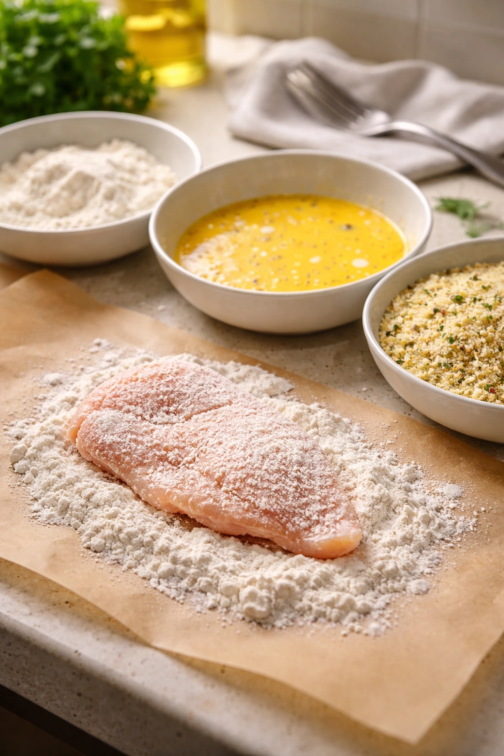 Breading setup with flour, eggs, and breadcrumbs and a cutlet