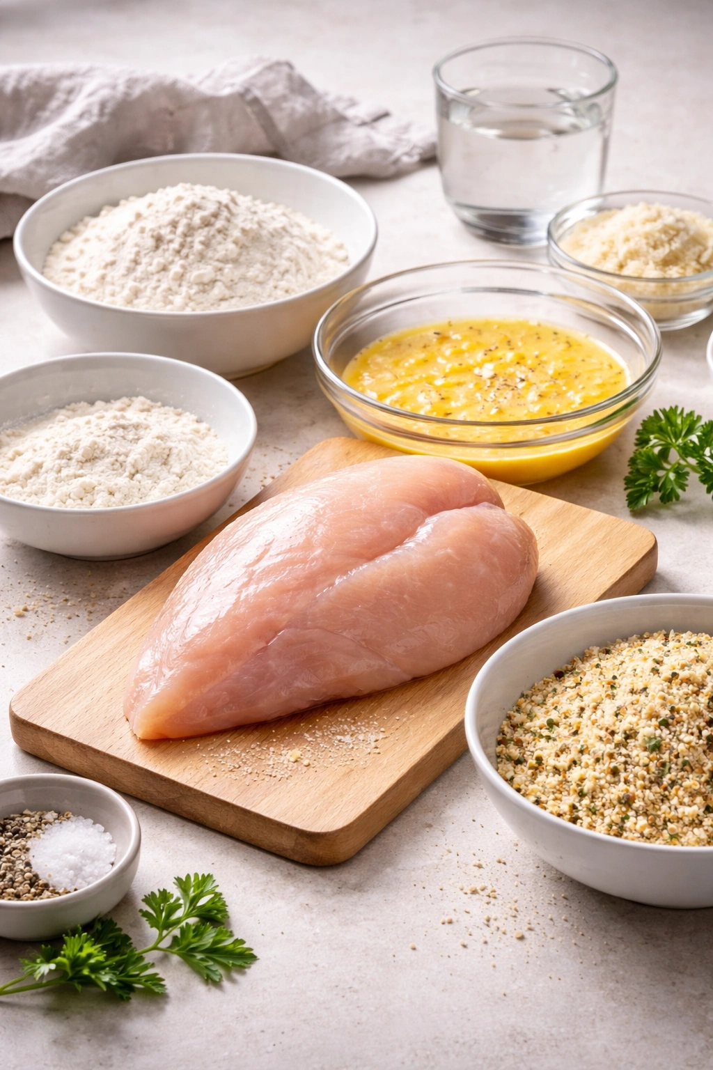 Chicken breast prepared for breading on clean surface