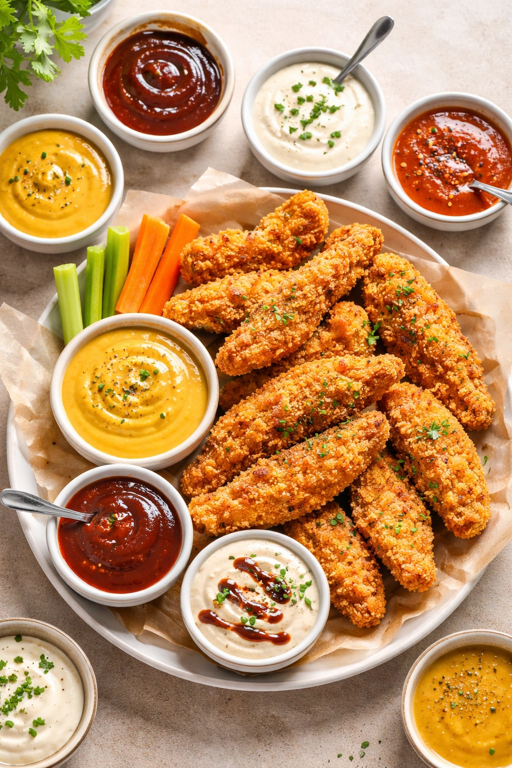 Crispy breaded chicken tenders with dipping sauces