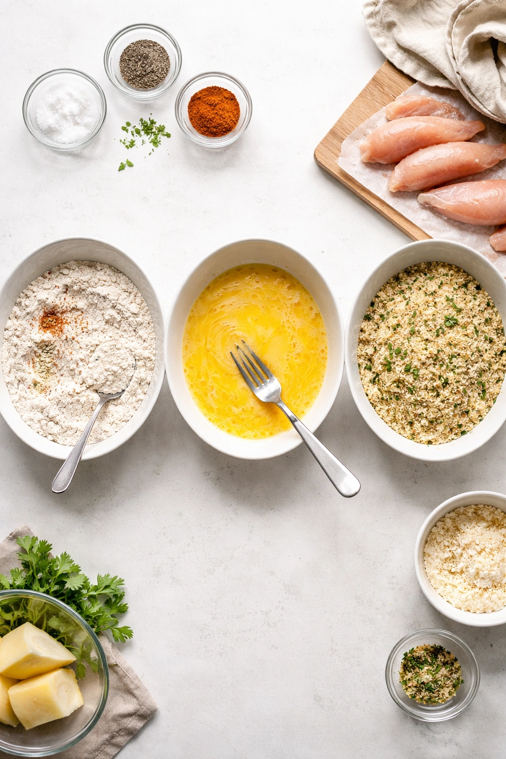 Overhead view of three bowls with flour, eggs, breadcrumbs for breading station