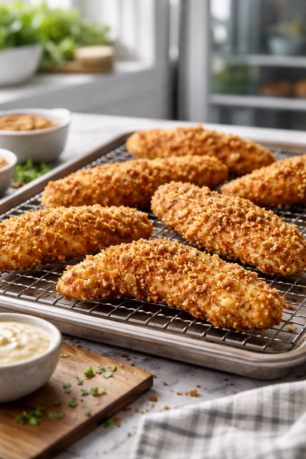 Breaded chicken tenders resting on a wire rack in a kitchen