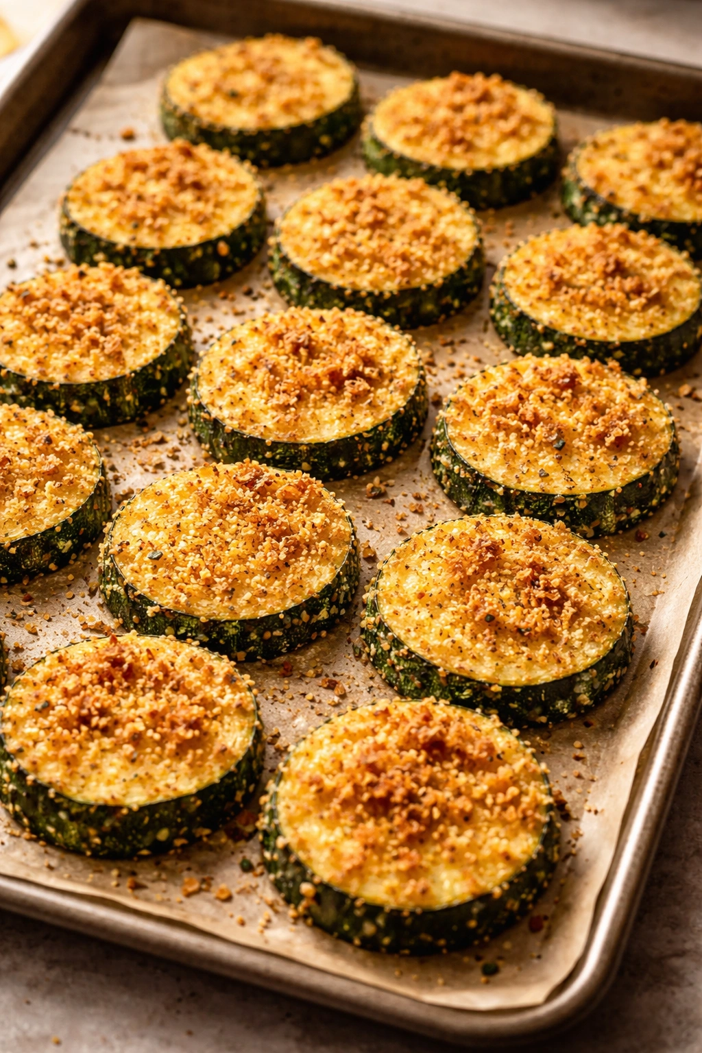 Breaded zucchini cutlets on a baking sheet
