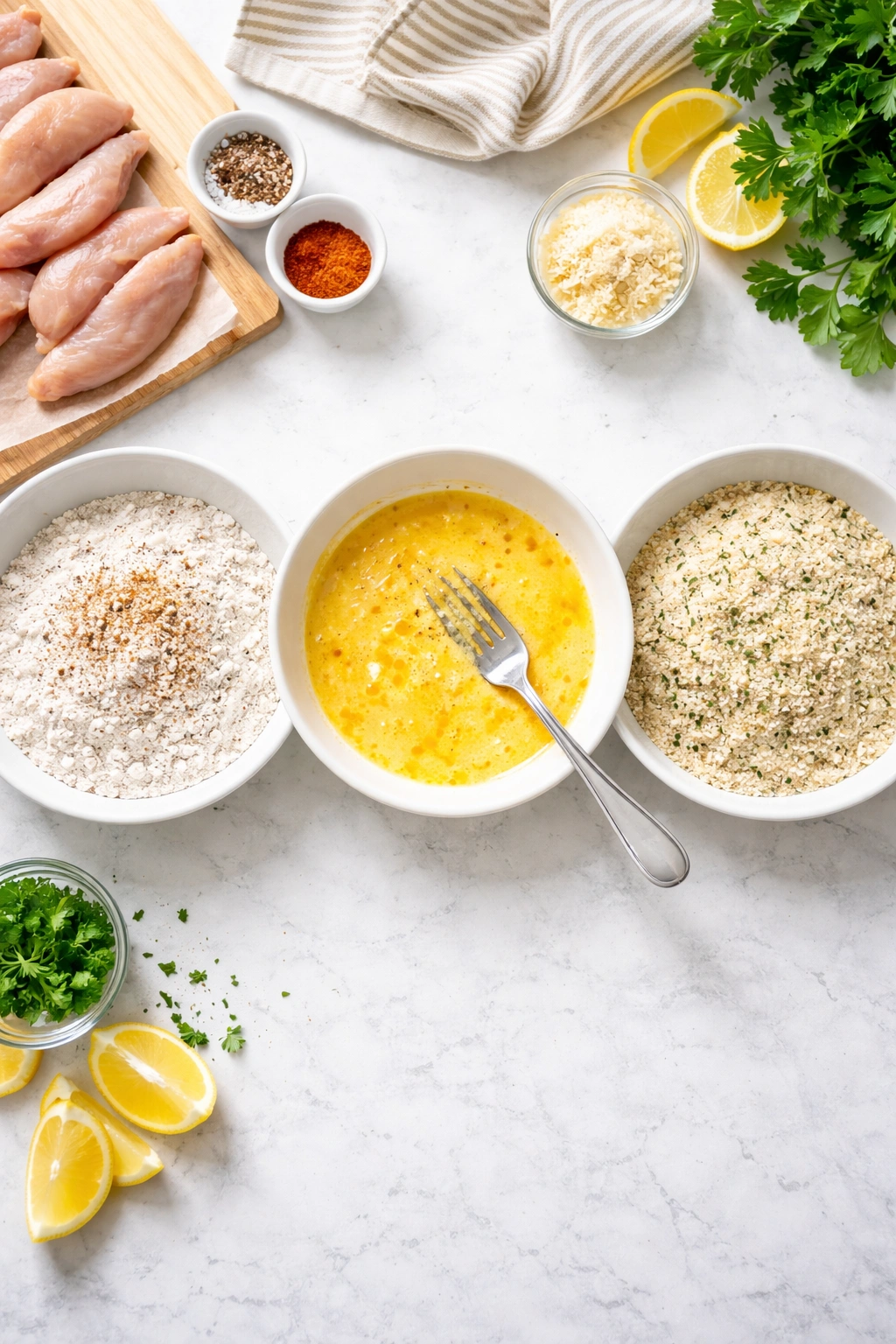Three bowls ready for breading: flour, egg, and panko.