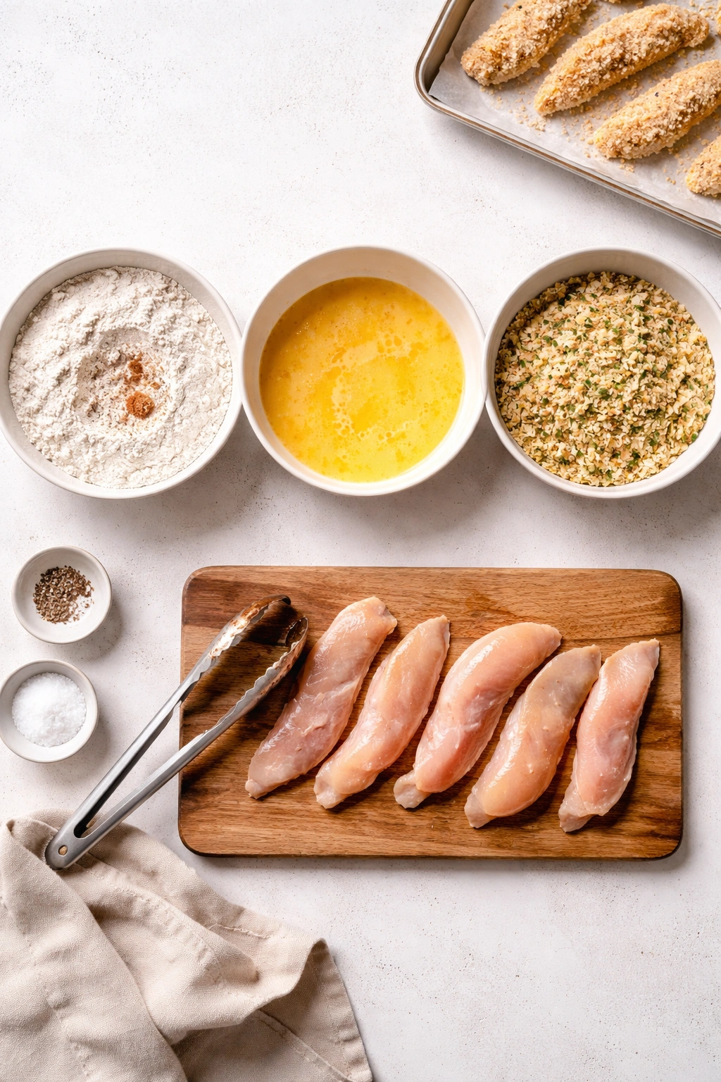 Breading station with flour, egg, and breadcrumb bowls ready for dredging