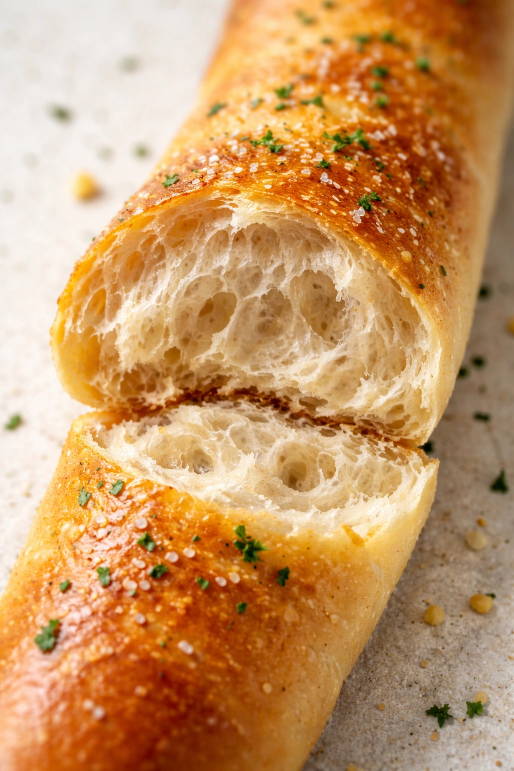 Cross-section of breadstick showing airy crumb and gluten structure