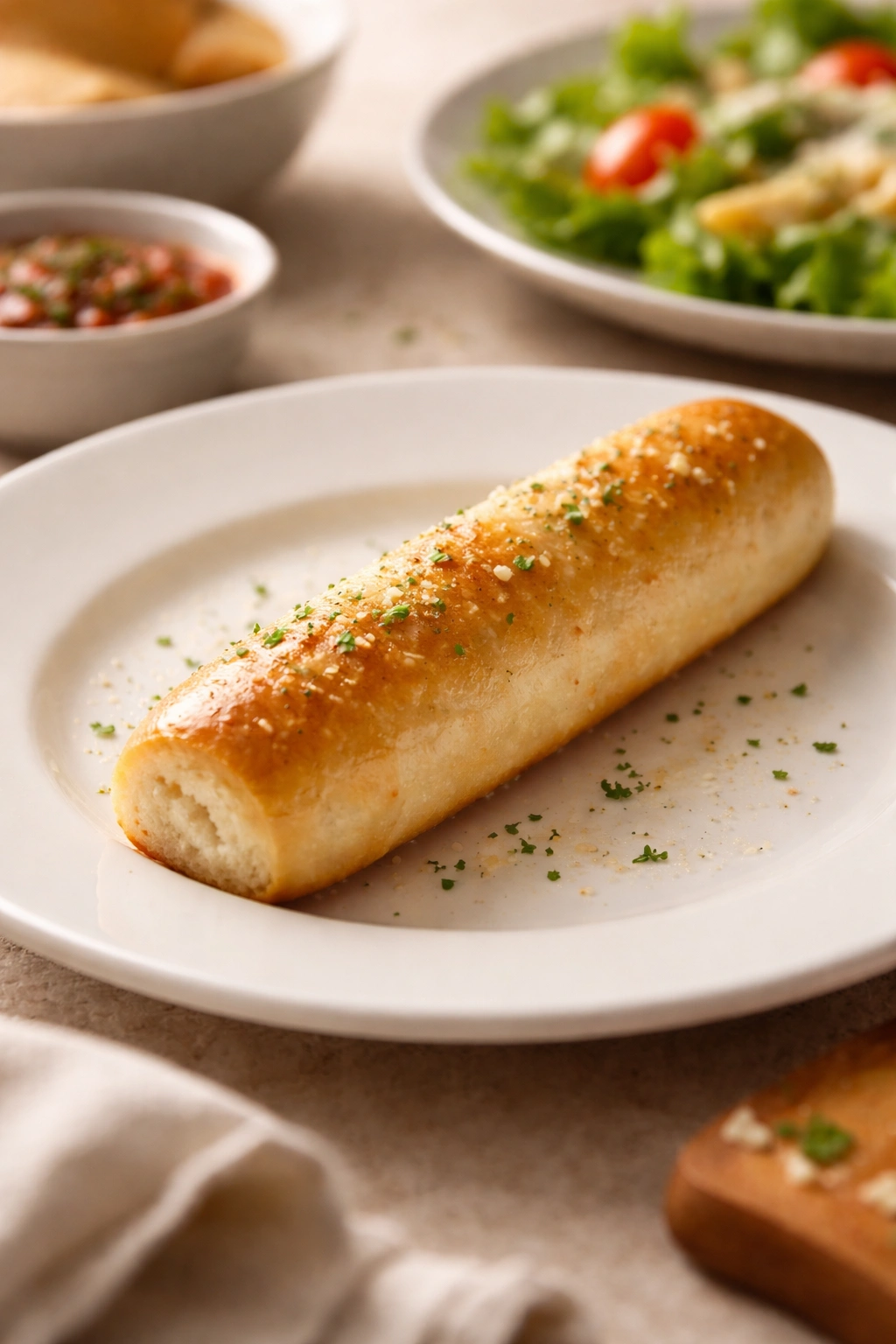Close-up of a golden breadstick on a white plate, highlighting buttery texture