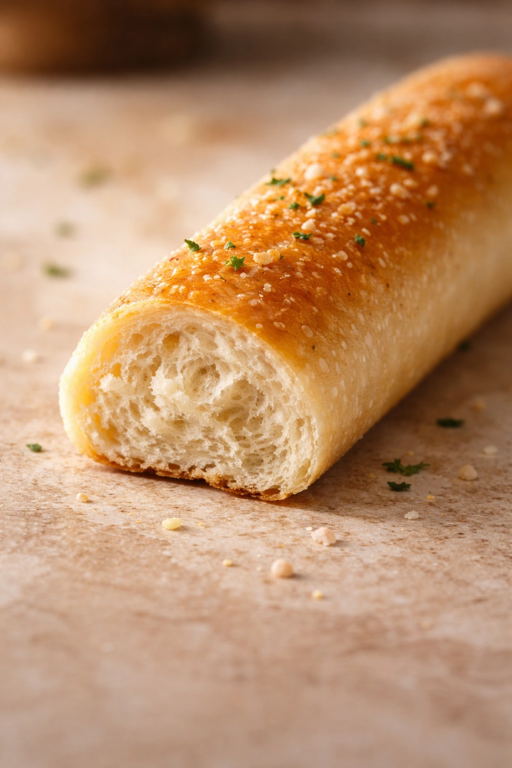 Long breadstick with glossy crust and airy crumb at the cut end