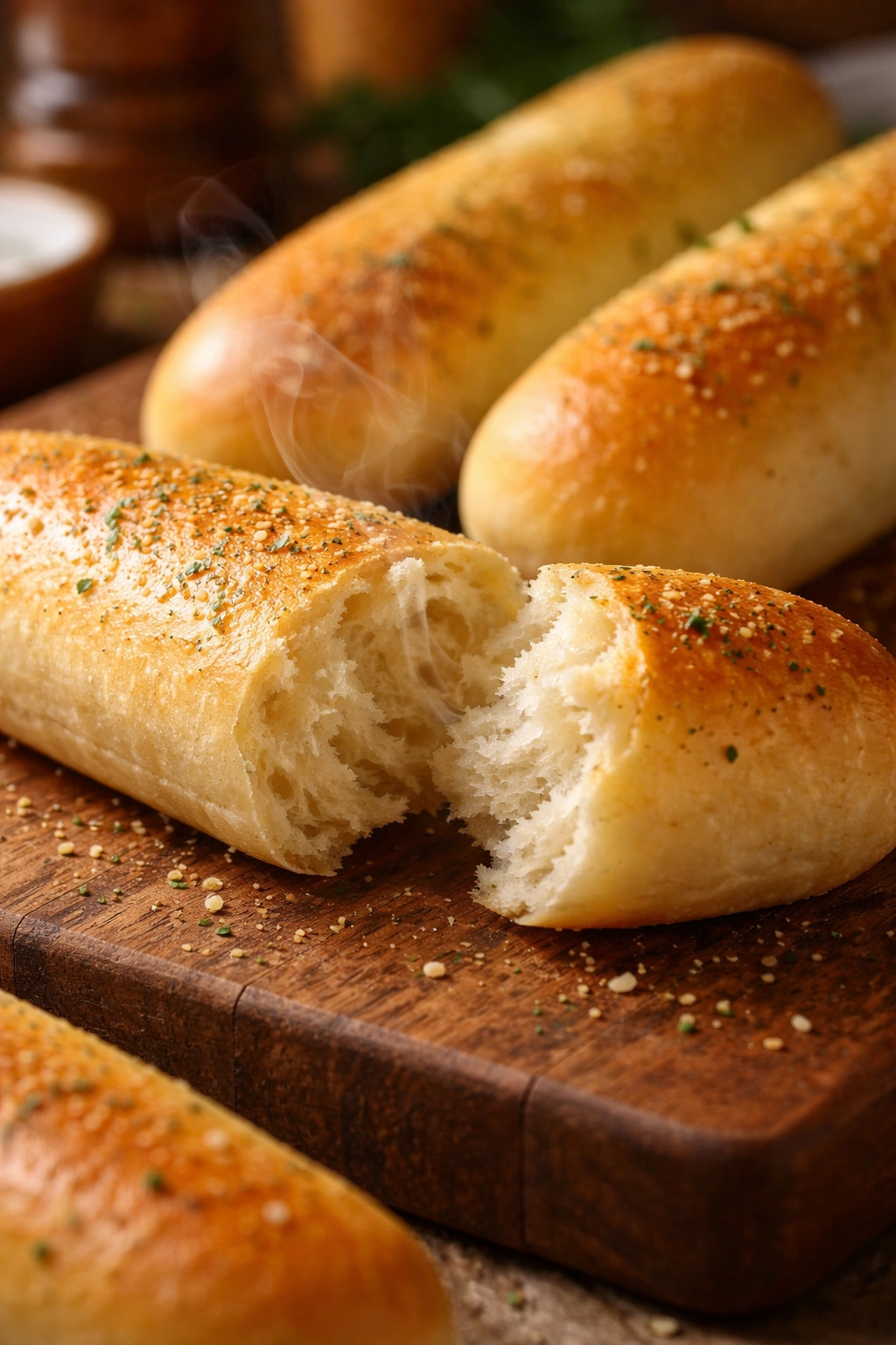 Close-up of a soft pillowy breadstick with a golden crust on a wooden board