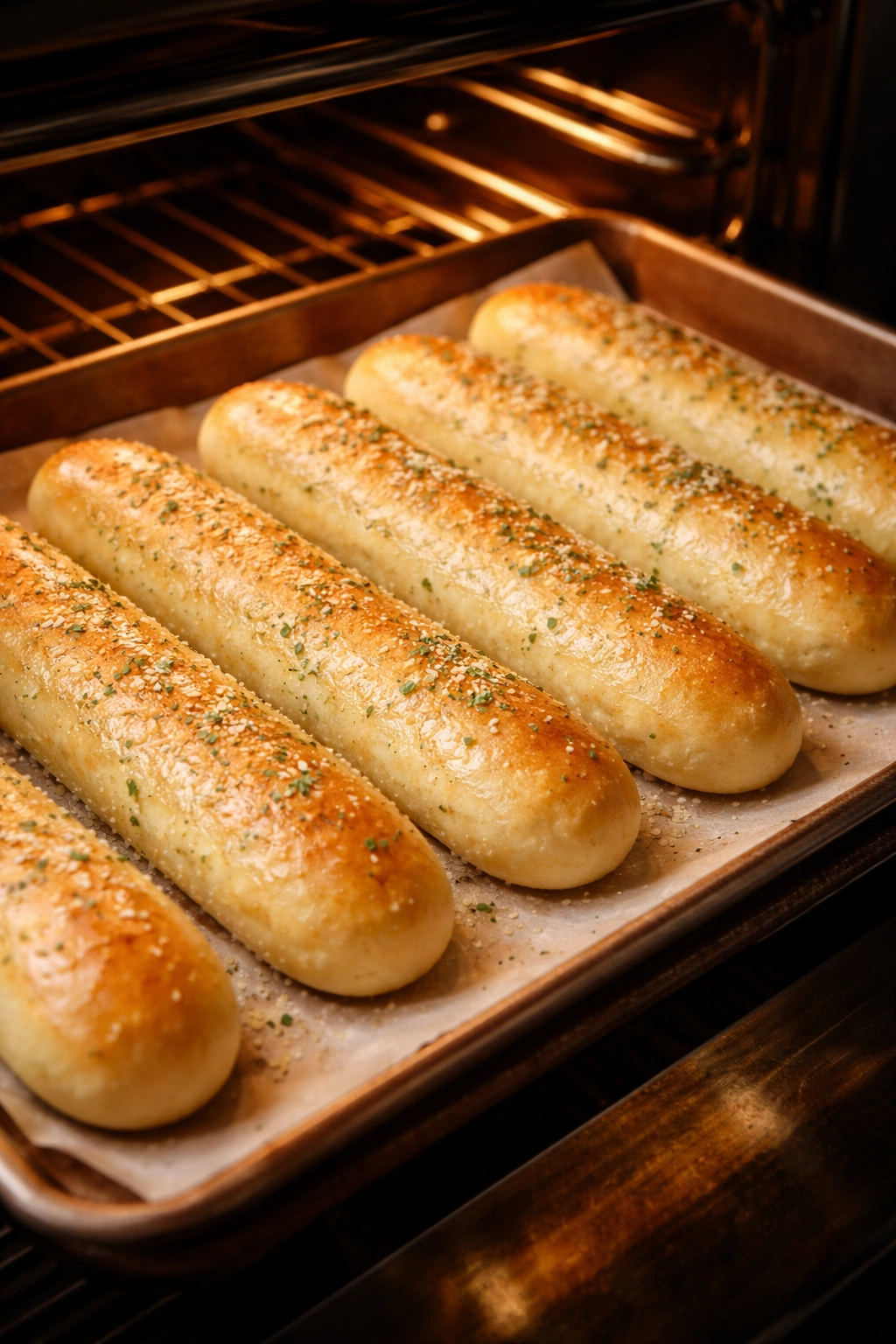 Fresh baked breadsticks with golden tops on a parchment-lined baking sheet.