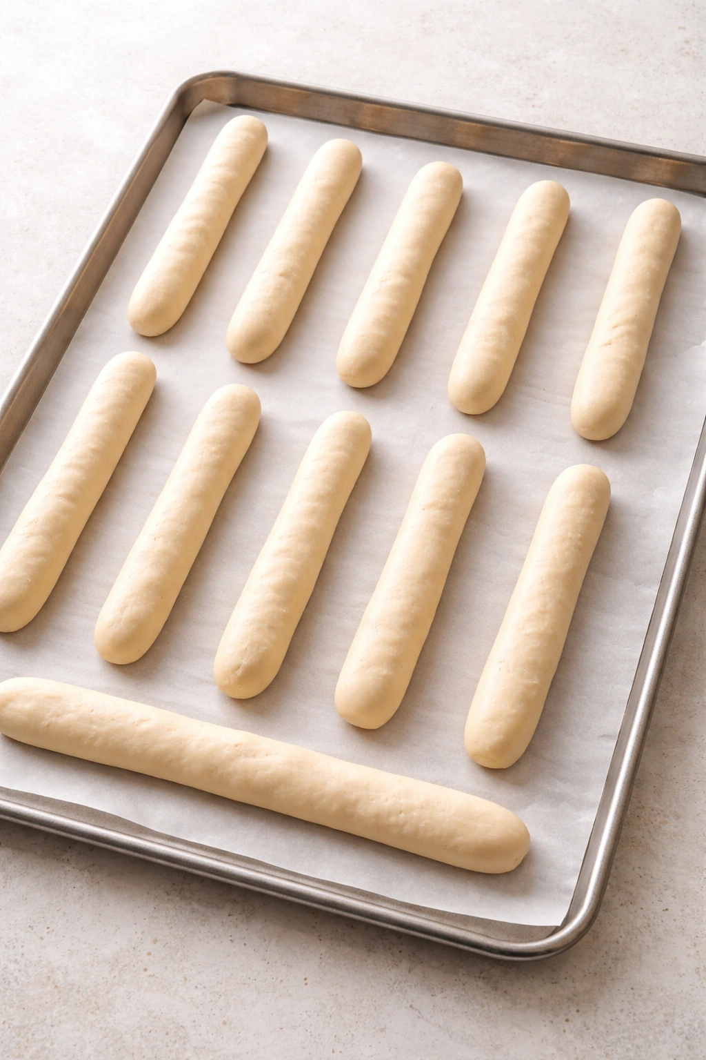 Twelve dough logs shaped into breadsticks on parchment