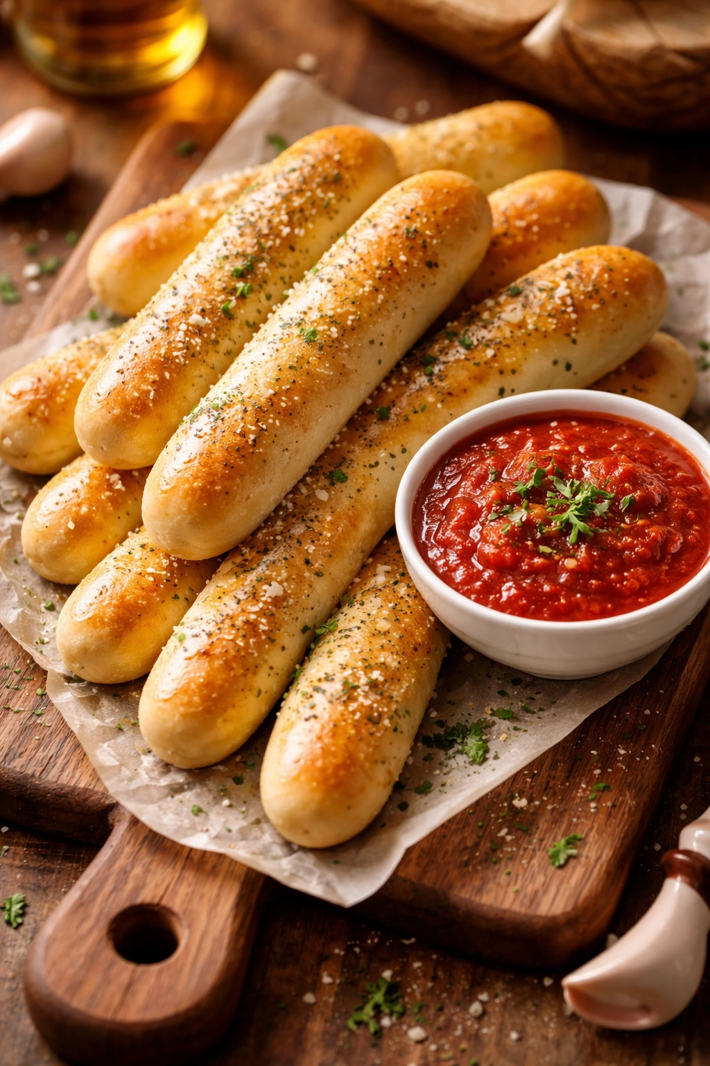 Close-up of warm garlic-butter breadsticks with marinara sauce
