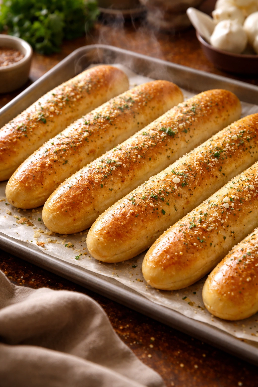 Freshly baked garlic butter breadsticks on a tray with steam