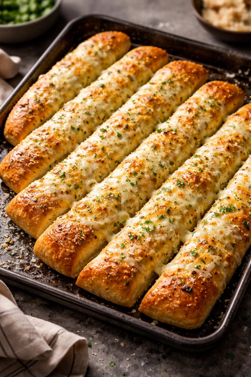 Garlic cheese breadsticks on a dark baking tray