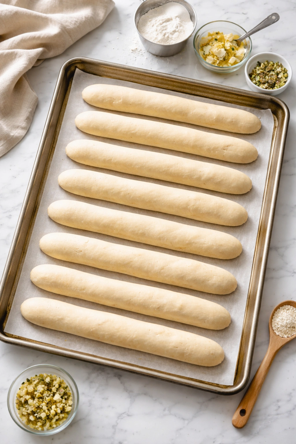 Pale unbaked breadsticks on parchment-lined baking sheet