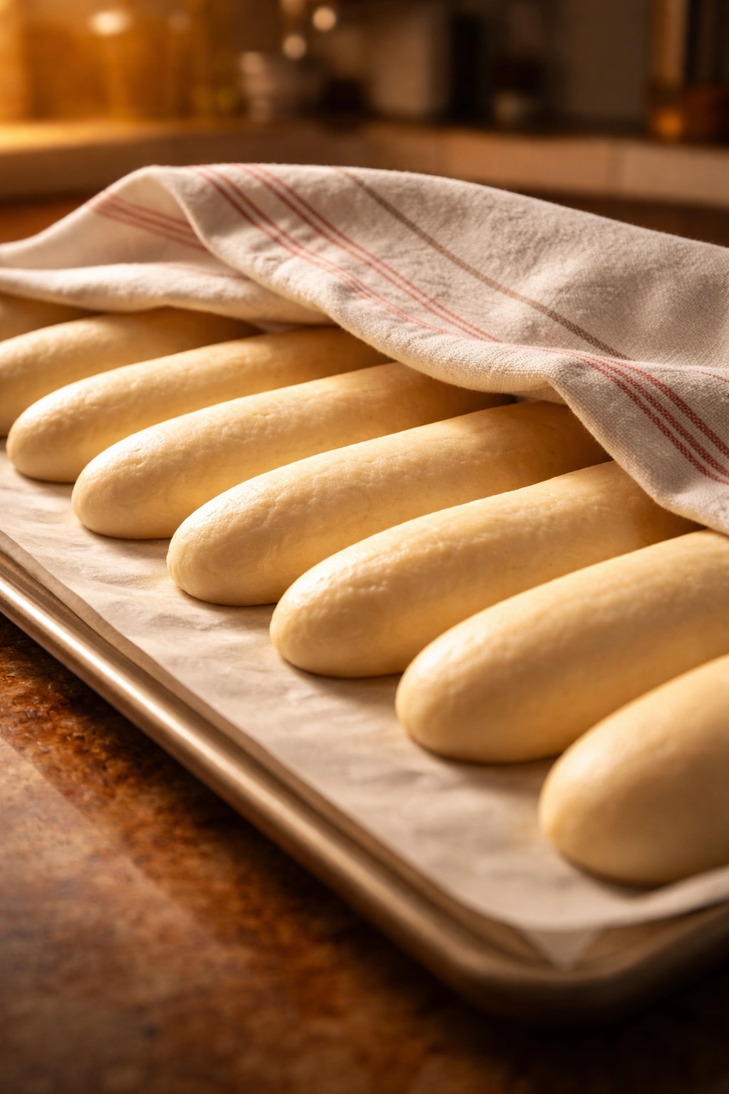Breadsticks rising under a towel on parchment