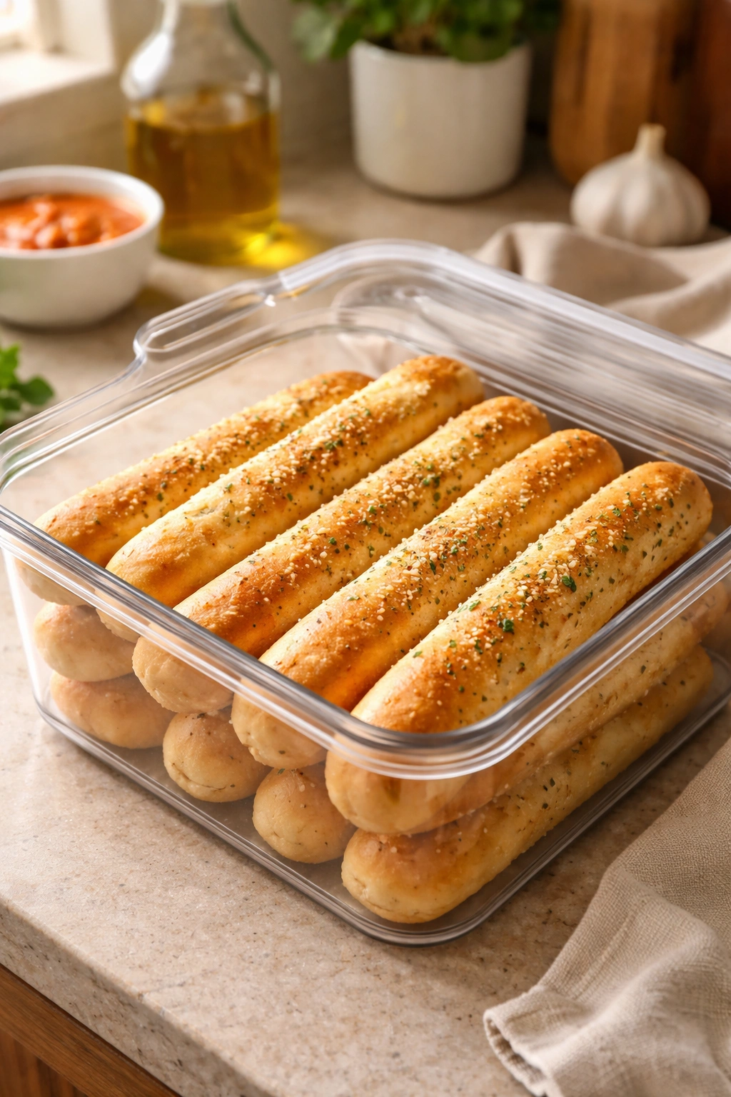 Breadsticks stored in an airtight container on a counter.