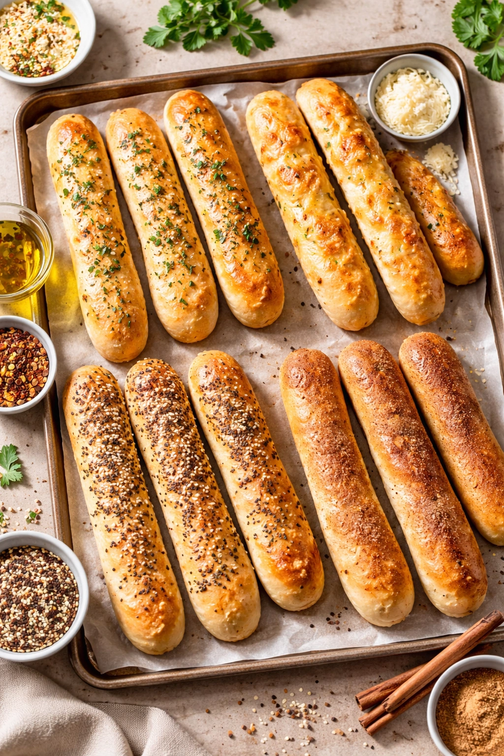 Breadsticks showing cheese pockets and herb flecks in the dough.