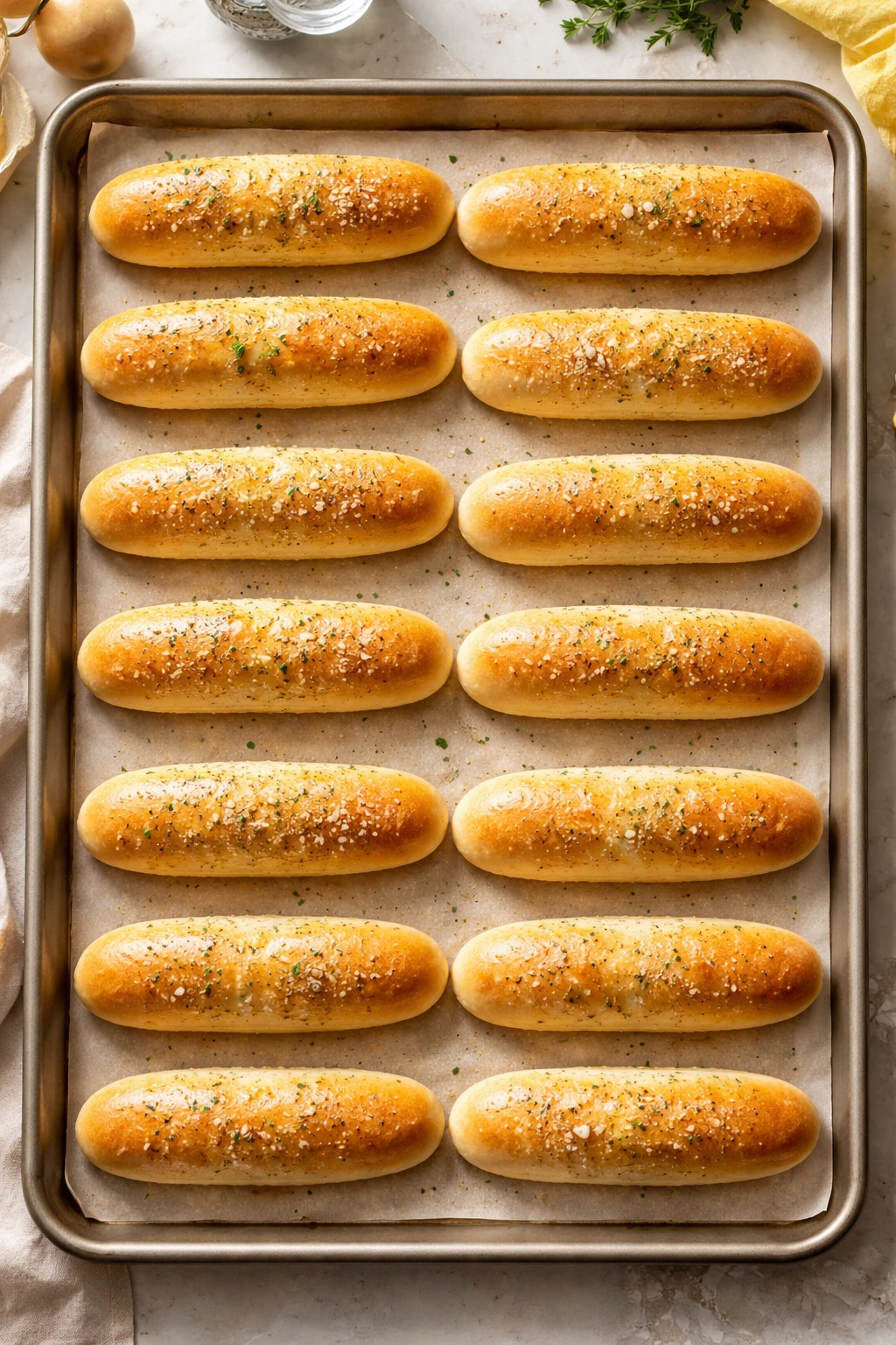 Top-down view of twelve golden-brown breadsticks on a baking sheet