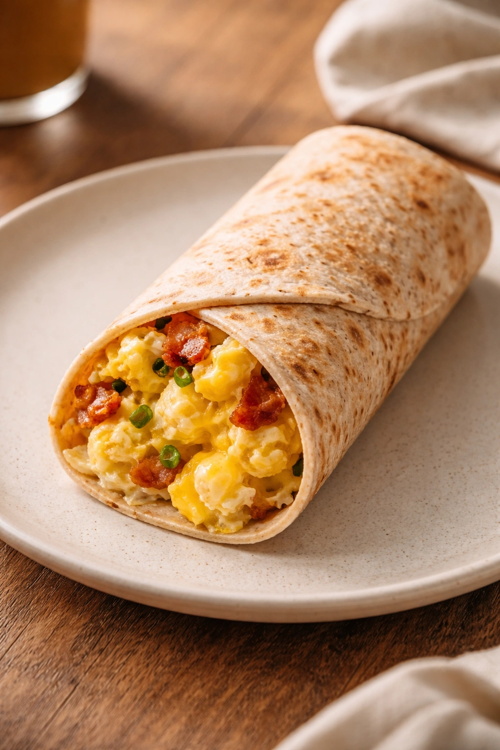 Wrapped breakfast burrito on a plate with visible egg and cheese filling