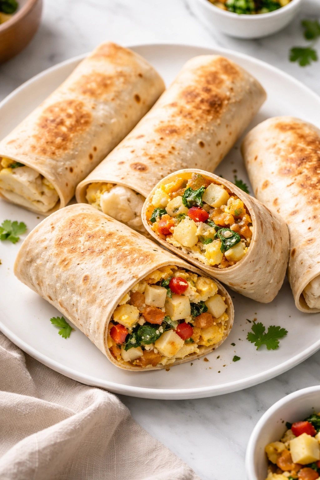 Four breakfast burritos on a plate with visible egg and potato filling