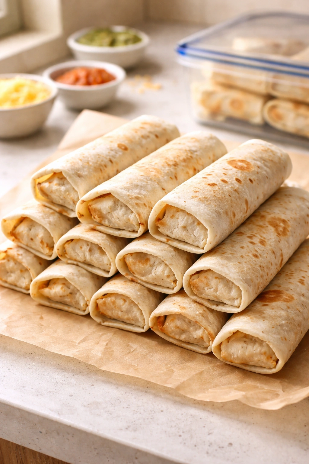Wrapped breakfast burritos on parchment, ready for freezing in a clean kitchen