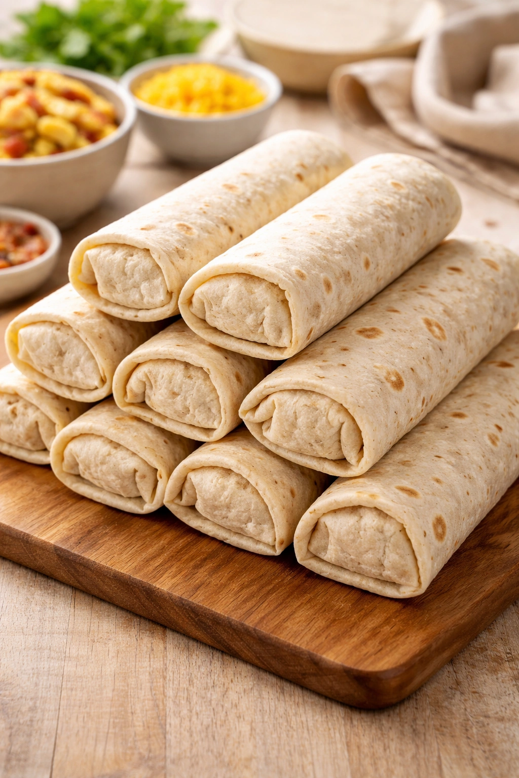 Wrapped breakfast burritos on a wooden board, portable make-ahead meal.
