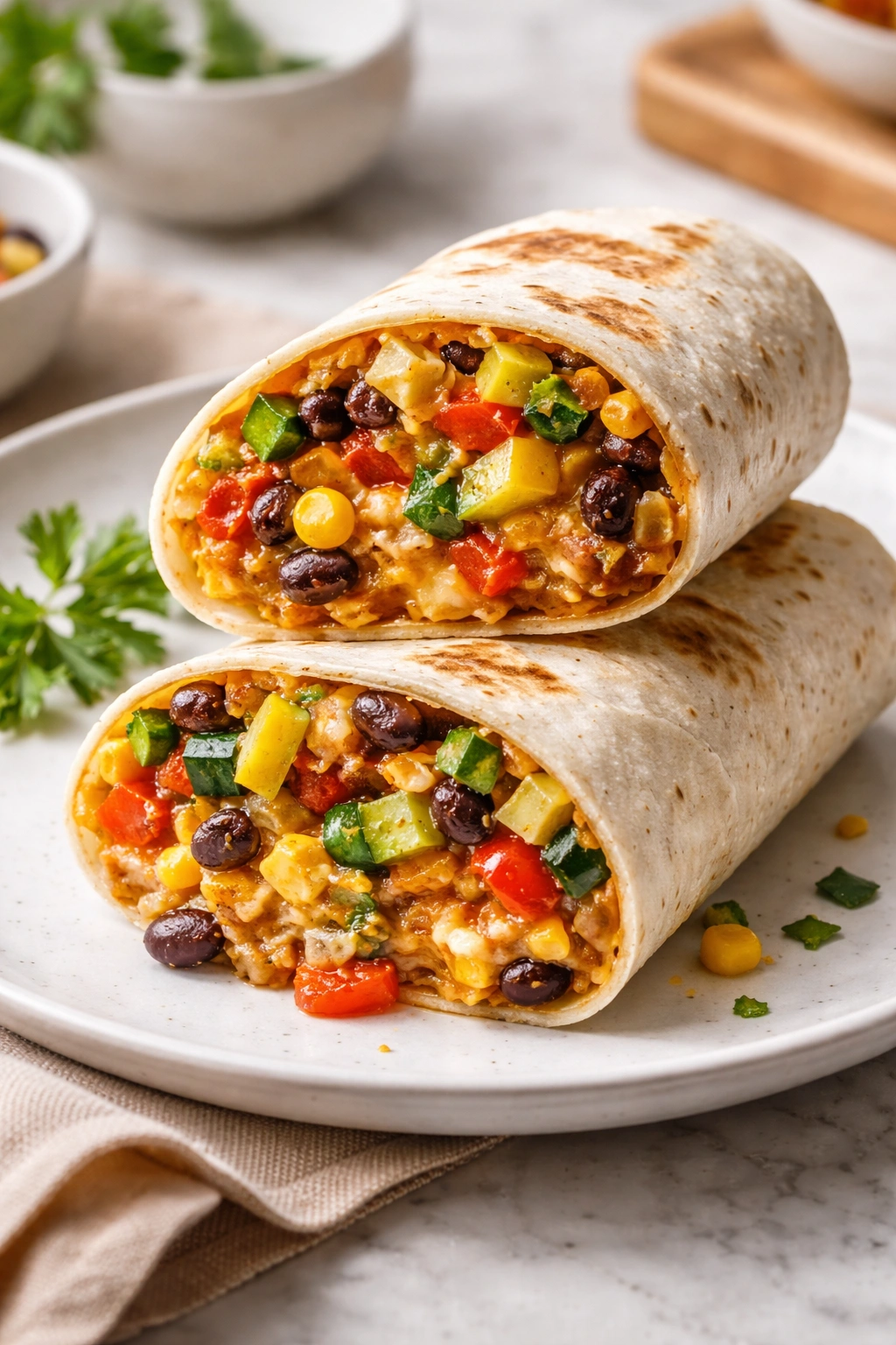 Halved breakfast burrito showing vegetables and beans filling