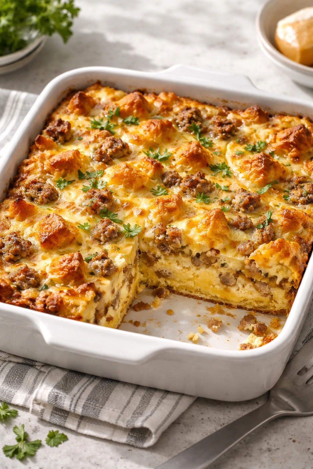 Breakfast casserole with eggs and sausage showing custard and bread inside.
