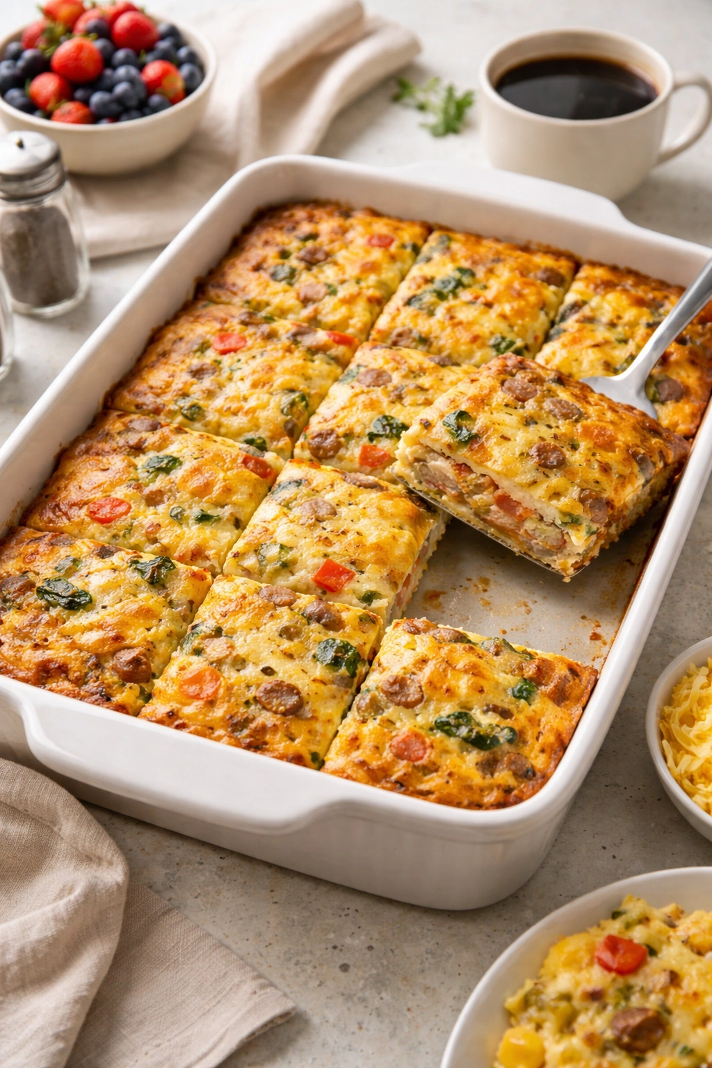 Sliced breakfast casserole in a pan ready for the week.