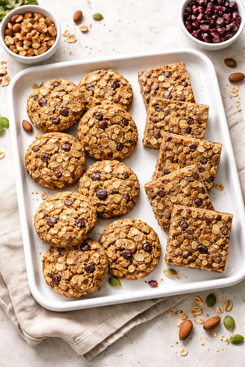 Assorted breakfast cookies and energy bars on a tray.