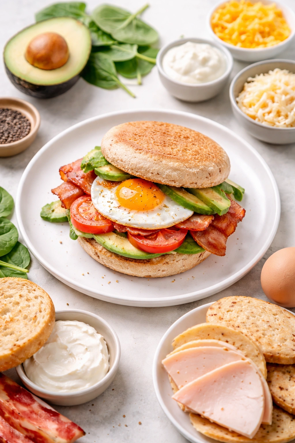 Single breakfast sandwich on a plain plate with a neutral backdrop implying dietary customization