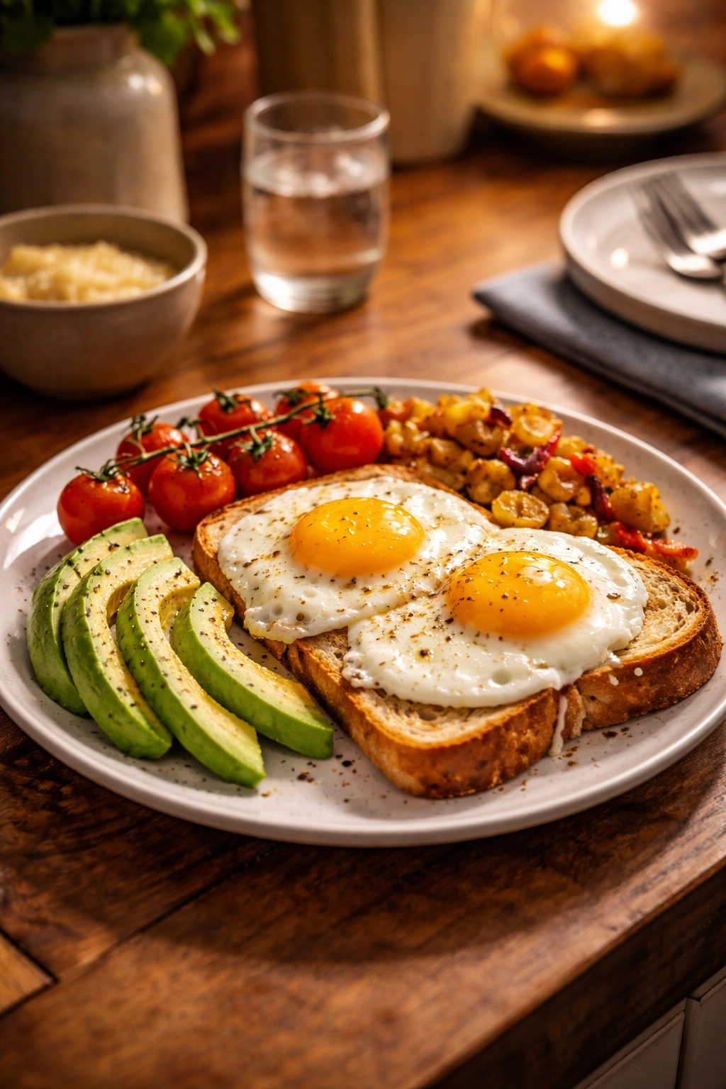 Plate of fried eggs on toast with avocado, ready for dinner.
