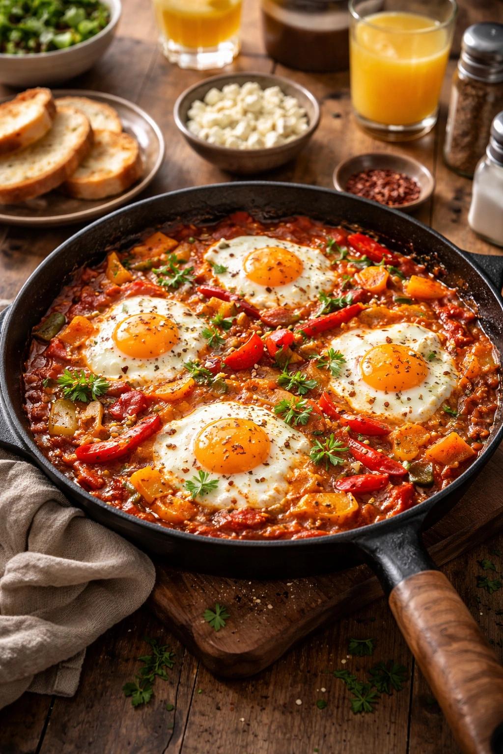 Shakshuka eggs in skillet for breakfast-for-dinner